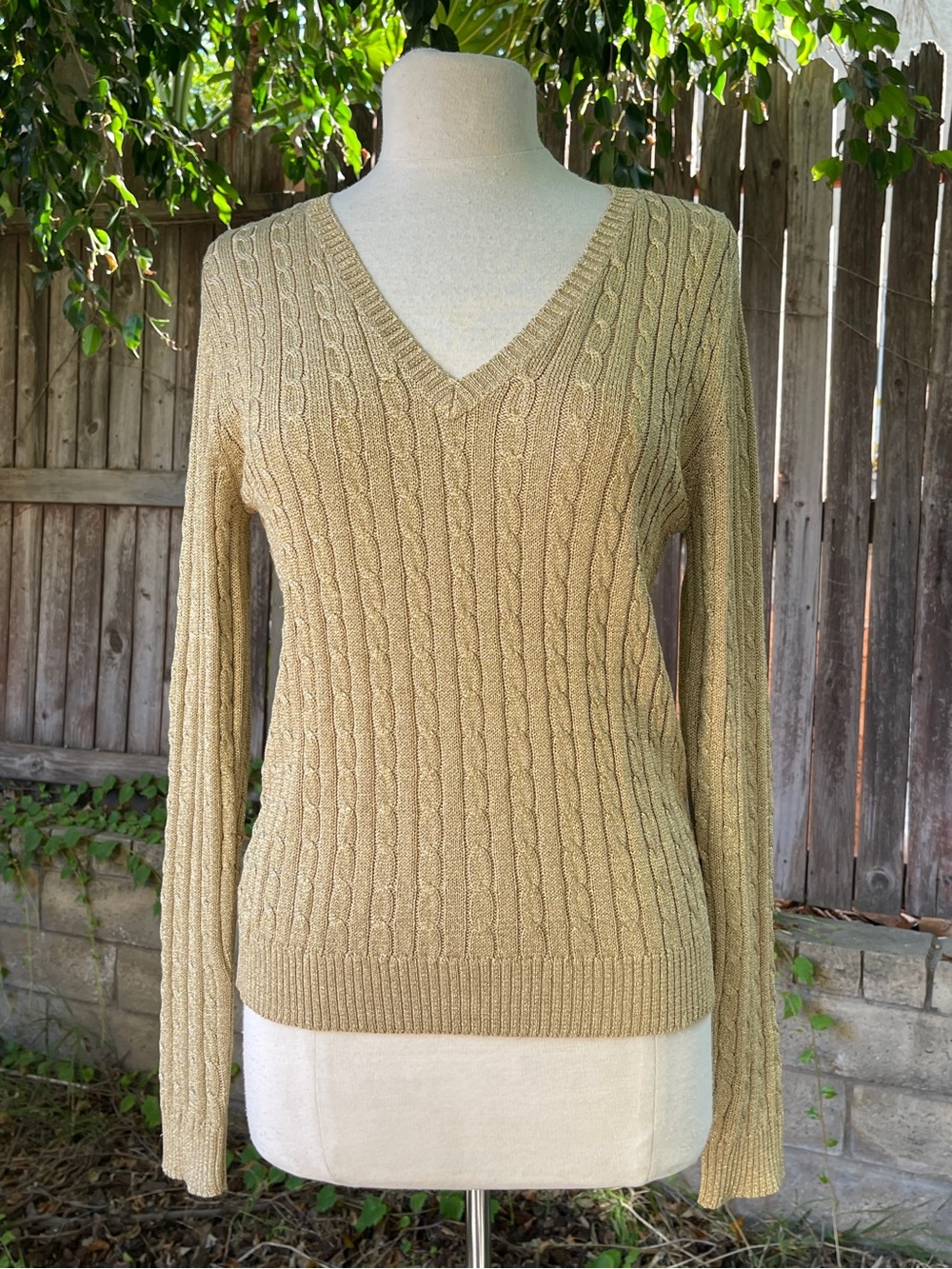 Lauren Ralph Lauren Gold lurex v neck cable knit sweater Xmas holidays luxurious